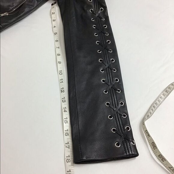 Lab London Black Leather Moto Biker Jacket  Lattice Sleeve Size Medium - Picture 6 of 10